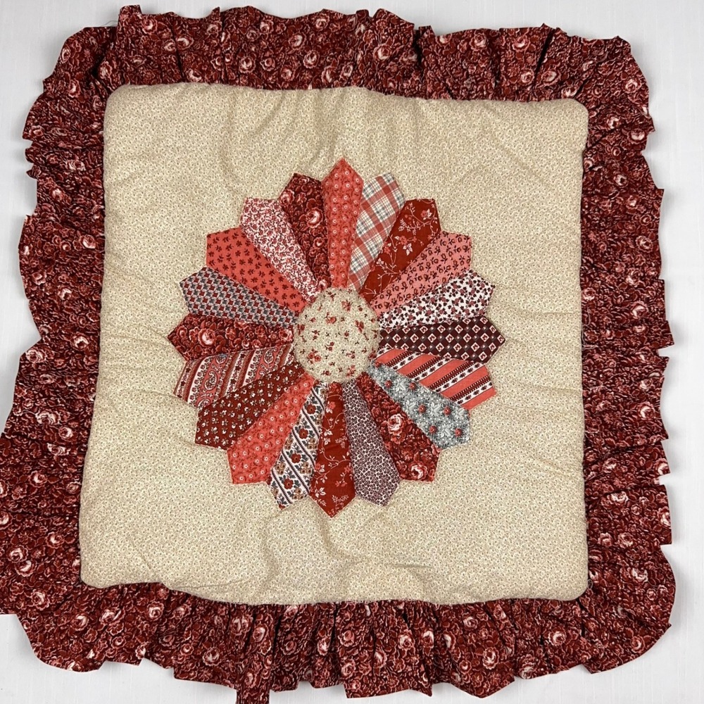 Vintage Style Dresden Plate Quilted Pillow Sham Red Floral Ruffle 17.5x17.5